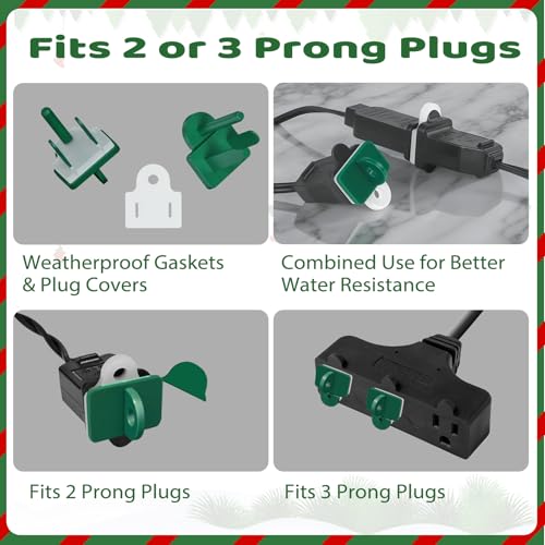 14 Sets Plug Protectors Covers and Weatherproof Gaskets, Outdoor Waterproof Outlet Plug Covers for Christmas Lights, Extension Cords, GFCI Tripping Prevention, Fit 2 or 3 Pronged Plugs - style: 14 Sets Green Weatherproof Plug Covers