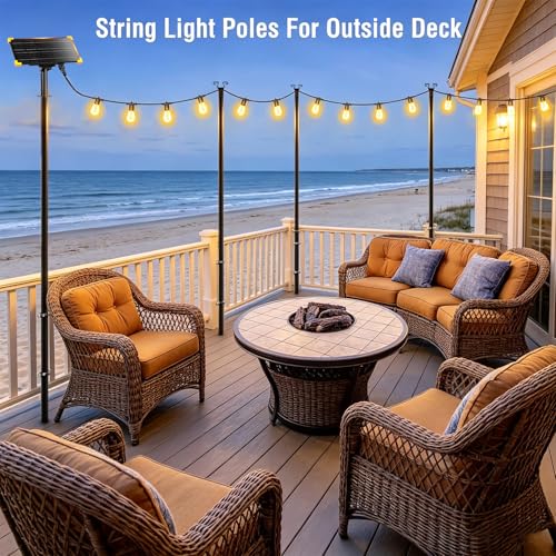 4 Pack Outdoor String Light Poles with Solar Panel & 590 Inch LED String Lights, Heavy Duty Metal Light Pole for Patio, Backyard, Garden, Wedding, Party & Front Porch Decor