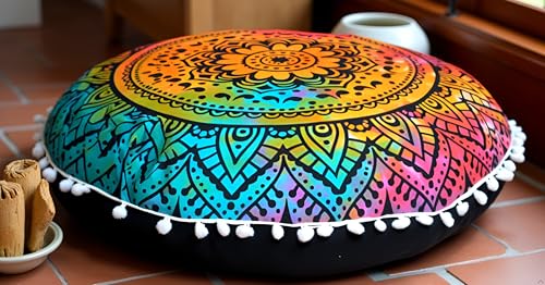 CRAFT KALA Round Mandala Boho Pillow Cover Meditation India Room Seating Poufs Cover for Living Room Yoga Room Home Décor Bedroom Balcony Garden Decoration Cotton Floor Cushion Cover 22", Multi Flower - color: Multi Flower, size: 22"