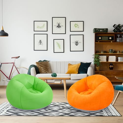 Realspring Inflatable Bean Bag Chairs Outdoor Blow up Camping Chairs Inflatable Lazy Sofa Folding Portable Bean Bag Loungers Couch for Movie Night(Orange, Green,2 Pcs) - color: Orange, Green