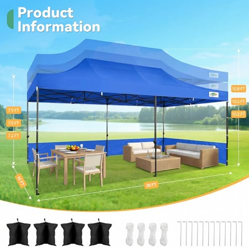 COBIZI 10x20 Heavy Duty Pop Up Canopy Tent with 6 Sidewalls Thicken Frame, Commercial Easy Up Outdoor Wedding Party Tents, All Season Waterproof Windproof with Stakes Sandbags Ropes Roller Bag, Blue - color: Blue, size: 10x20
