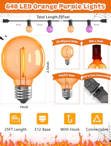 25FT Halloween String Lights Outdoor Plug-In, 25 G40 LED Bulbs & 2 Spare, E12 Base, 2700K Warm White, Shatterproof, Outdoor Halloween Decorations for Garden Patio Christmas, Clear Purple Orange - color: Clear Purple Orange, size: 25Ft
