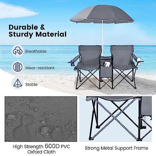 Double Camping Chair, 2-Person Portable Beach Chair w/Removable Umbrella, Cup Holders & Carrying Bag, Folding Loveseat Chairs for Adults Outdoor Picnic (Grey) - color: Grey