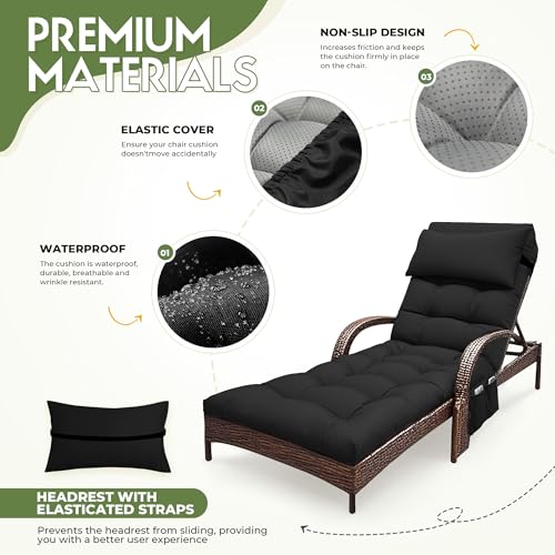 Outdoor Chaise Lounge Chair Cushion, Waterproof Outdoor Chair Cushions for Patio Furniture, 71 x 21 x 4 Inches Replacement Chaise Lounge Cushion with Ties (Black) - color: Black