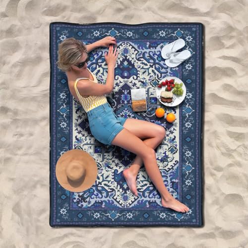 Supfitness Extra Large Picnic Blankets Waterproof Foldable (60"x 80") Beach Blanket Waterproof Sandproof,3-Layer Thicking Mat Outdoor Packable Camping Blanket - color: Boho-dark Blue, size: 60x80in