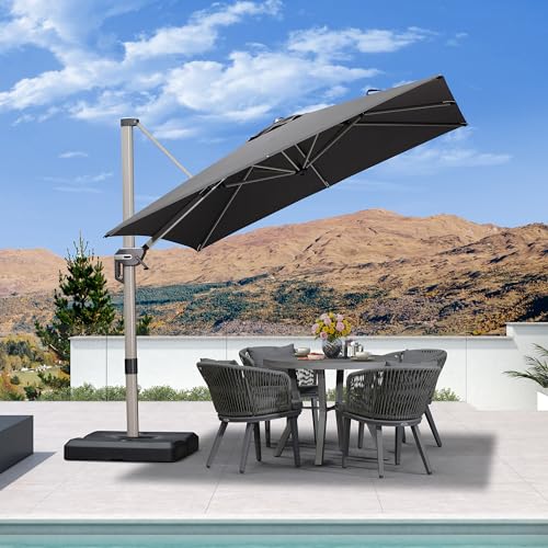 PURPLE LEAF 8’ X 8‘ Patio Umbrella Outdoor Cantilever Umbrella, Aluminum Offset Umbrella with Champagne Frame and 360° Rotation for Pool Deck Garden, Grey - color: Gray, size: 8' x 8'