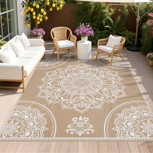 Pauwer Waterproof Outdoor Rug 8x10, Reversible Plastic Straw Patio Camping Rug, Indoor Outdoor RV Mat Carpet for Deck, Camper, Porch, Balcony, Backyard, Picnic, Floral Brown - color: Floral Brown, size: 8' x 10' (Rectangular)