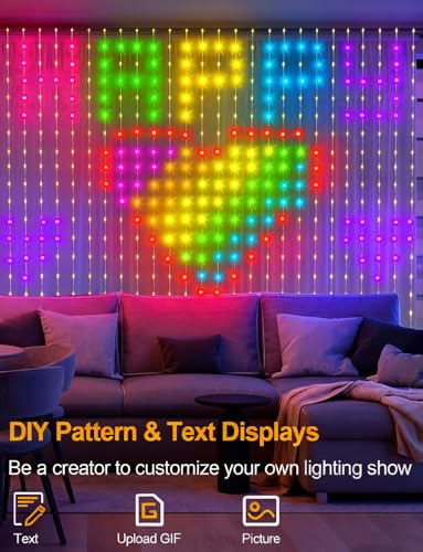 echosari Smart Curtain Lights Plug in, 400 LED Curtain Lights with App Programmable 6.6 x 6.6ft RGB&IC DIY Pattern Music Sync for Bedroom Backdrop Decor - color: Smart RGB, size: 6.6Ft x 6.6Ft