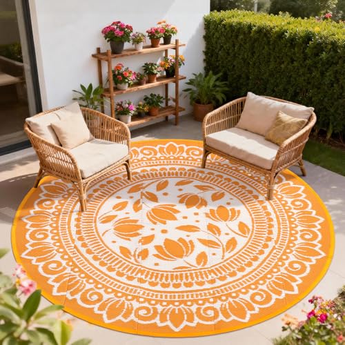 6ft Round Boho Floral Outdoor Rug, Reversible Waterproof UV-Resistant Modern Outdoor Carpet, Plastic Straw Woven Camping Mat for RV, Patio, Backyard, Deck & Porch, Orange - color: Orange, size: 6' (Round)