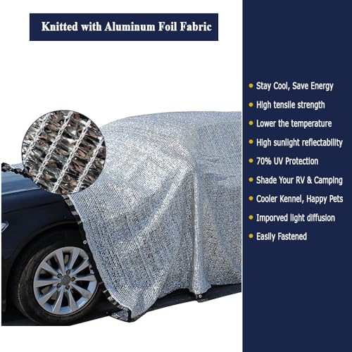 70% Aluminet Shade Cloth Reflective Sun Shade, Heat Blocker for Greenhouses, Cars, Pets, RVs, Outdoor Camping, Breathable and Foldable – Includes Bungees and Storage Bag (12x15 FT) - size: 12x15ft