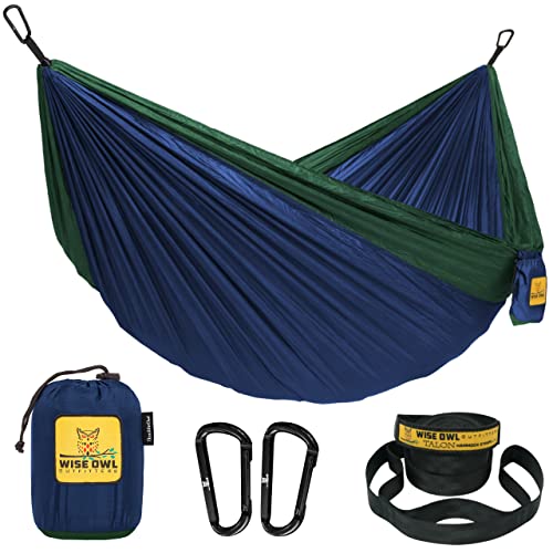 Wise Owl Outfitters Camping Hammock – 500lbs Portable Hammock with Tree Straps - Travel, Backpacking, Hiking, Outdoors Camping Gear - Single or Double - color: Navy & Green, size: Double