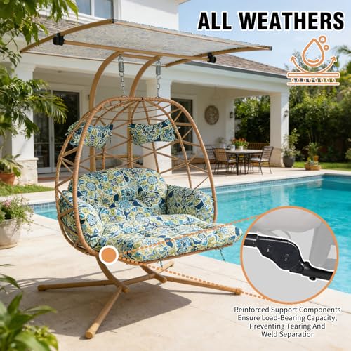 Double Egg Chair Outdoor with Stand & Canopy,Hanging Loveseat Hammock Swing Chair with Leg Rests & UV Resistant Cushion,Patio Swinging Chair,600LBS Capacity for Bedroom Balcony Garden - color: Double Chair & Footrest & Canopy, size: Yellow Frame & Floral