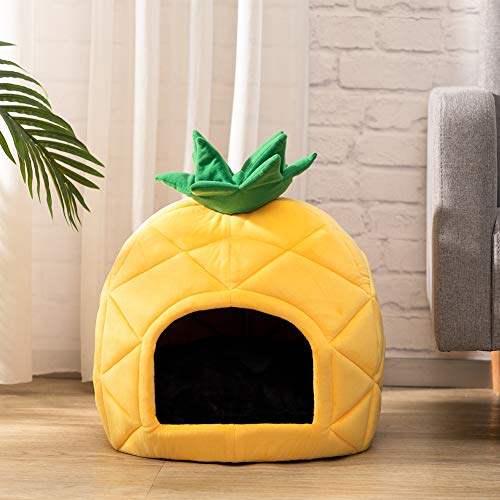 Hollypet Cat Bed Self-Warming Kitty Cave Hut House Nest Pet Sleeping Bed for Indoor Cats, Yellow, Pineapple Cave - color: Pineapple Cave