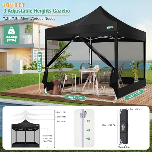 COBIZI Canopy Tent 10x10 Heavy Duty, Pop Up Gazebo with Netting Screened,Waterproof Ez up Canopy with Sidewalls, Outdoor Instant Screen House Tent for Camping,Backyard, Wedding, Birthday,Black - color: Black, size: 10x10FT