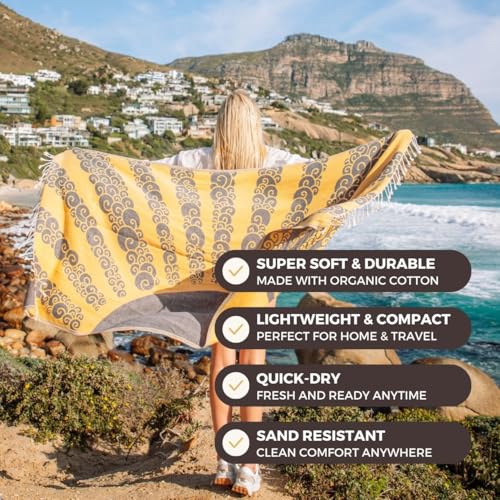 FESHKA Sand Proof Turkish Beach Towel – Oversized, Quick Dry & Lightweight Travel Towel - 100% Organic Cotton Beach Blanket - Perfect for Bath, Pool & Picnic | Golden Hour (Yellow/Navy) - color: 03 - Yellow/Navy