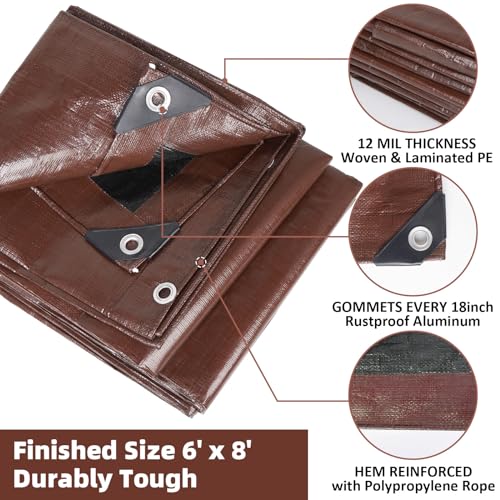 Heavy Duty Double-Sided Waterproof Poly Tarp 6x8 Feet 12mil Thick Polyethylene Tarps, Perfect for Outdoor Use, Plastic Cover & Mat for Tent Camping Storage Boat Bikes Vehicles, 2 Pack - color: Darkbrown-12 Mil, size: 6' x 8' 2psc