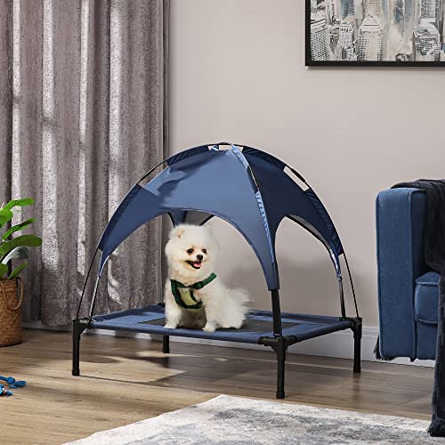 PawHut Elevated Dog Bed with Removable Canopy, Outdoor Dog Cot with UV Protection Canopy Shade, 30 inch Pet Bed for Camping, Dark Blue - color: Blue, size: 30 inch