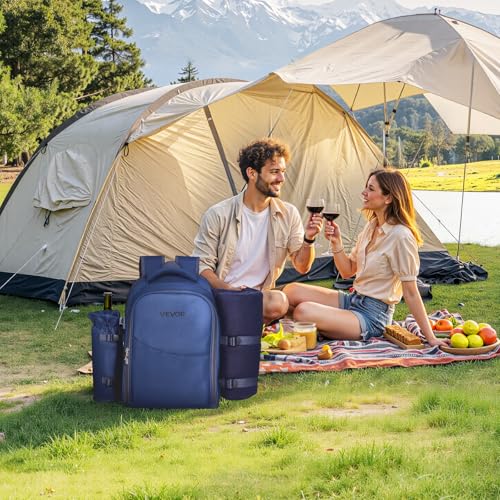 VEVOR Picnic Backpack, Beach Picnic Backpack Bag for 2 Person with Insulated Cooler Compartment, Detachable Bottle/Wine Holder, Lightweight Blanket, Plates & Cutlery Set for Hiking, Camping, Navy Blue - size: single layer for 2 & blue