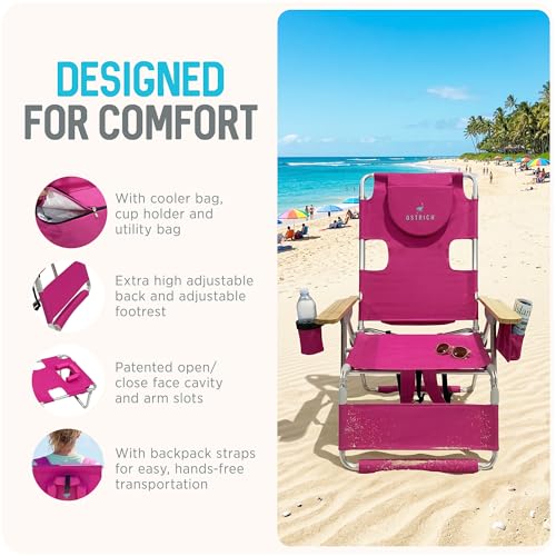 Ostrich the Woody Backpack 3N1 Portable Chair with Cooler Bag and Reclining Lounger for Tanning, Camping, Beach, and Outdoor Essential, Pink - color: Pink, style: Backpack 3N1 Wood Arms