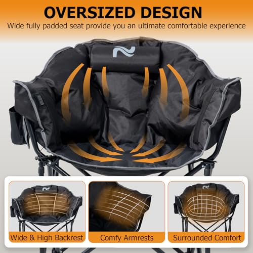 LILYPELLE Oversized Heated Camping Chair, Patio Lounge Chairs with 3 Heat Levels, Portable Folding Heated Chair Round Moon Saucer Folding Lawn Chair Outdoor Chair for Camping, Lounge Patio - color: Deep Black, style: Heated Moon Chair