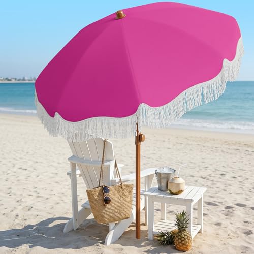 AreShark 7ft Patio Umbrella with Fringe, UPF50+ Beach Umbrella for Table, Pool & Garden, Portable Outdoor Tassels Umbrella w/Fiberglass Ribs&Push Bottom Tilt(Light Pink) - color: Light Pink, size: 7FT