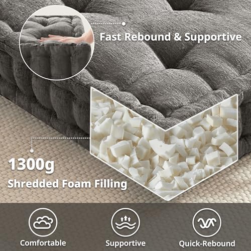 Intelligent Design Large Floor Pillow for Adults Yoga or Meditation Cushion with Handle, Floor Cushion for Board Games, Lustrous Chenille Tufted, Handsewn Scalloped Edge, Azza, 24" x 24" x 5" Charcoal - color: Square Charcoal With Handle, size: 24"W x 24"