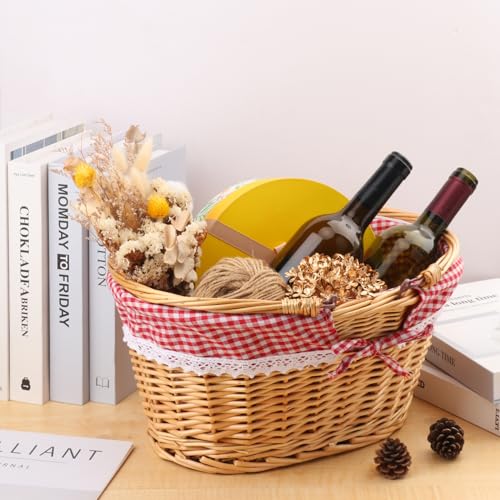 14.2 Inch Natural Wicker Basket with Linen Cotton Cloth Lining, Oval Wicker Woven Basket with Handle, Willow Woven Picnic Baskets for Picnic, Camping, Party(Large) - size: 1 Pack 14.2in Natural(Round willow)