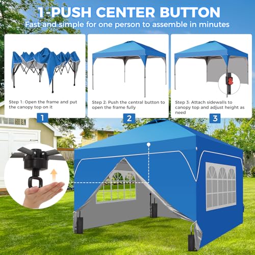8x8 FT Pop Up Canopy with 1-Button Push, 4 Removable Sidewalls, Sandbags, Instant Canopy Tent for Outdoor Events - color: Blue, size: 8x8 with Sidewalls