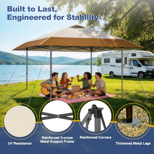 Explore Land 13x13 Pop Up Canopy with One Push Setup Heavy Duty Outdoor Sun Shade Tent for Beach,Camping,Events,Parties(Beige & Brown) - color: Beige & Brown, size: 13x13ft