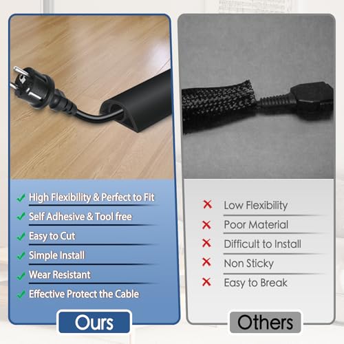 Floor Cord Cover for Wires on Floor Self Adhesive Cord Hider Floor Cable Management Wire Covers for Cords Protector Prevent Cable Trips Cord Cavity W 0.32" x H 0.32", Black, 10Ft - color: Black, size: 0.78 In x 10 Ft