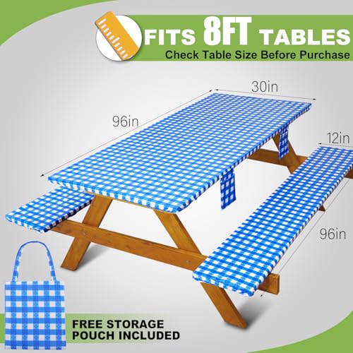 Fitted Picnic Table Cover with Bench Covers Waterproof Elastic Edges Rectangle Patio Tablecloth Outdoor Camping Essentials Stuff Rv Accessories Summer Trip Travel Supplies Party Camper Gifts, 8 ft - color: Blue Grid, size: 96in