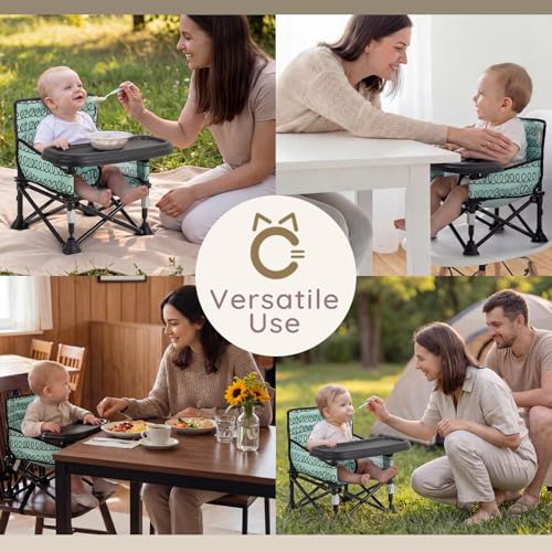 Toddler Booster Seat for Dining Table & Kitchen Chair - Portable Foldable with Removable Tray, Baby Camping Chair 6-36 Months Indoor Outdoor (Green Stripe) - color: Green Stripe Booster Seat