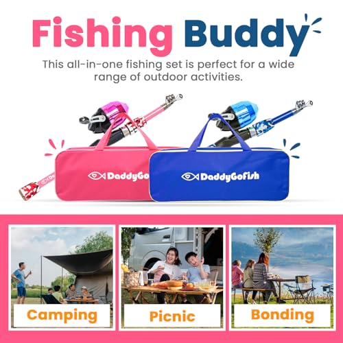 DaddyGoFish Kids Fishing Pole - Rod Reel Combo Tackle Box Starter Set - First Year Small Gear Kit for Boys Girls Toddler Youth Age Beginner Little Children - color: 2 Pack- Blue + Pink (Essential Set), size: 5ft