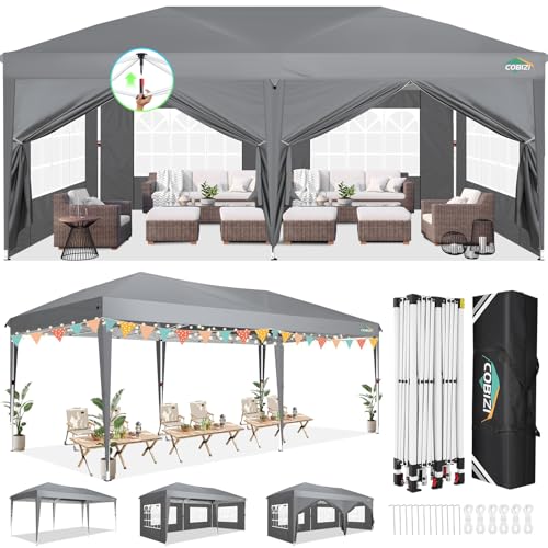 COBIZI 10x20 FT Pop up Canopy Tent with Sidewalls, Party Tents for Parties, Carpas para Fiestas, Easy Set Large Outdoor Popup Patio Gazebo for Backyard,Weddings,Vendor,Commercial Event,Gray (Upgrade) - color: Gray, size: 10x20ft With 6 Sidewalls