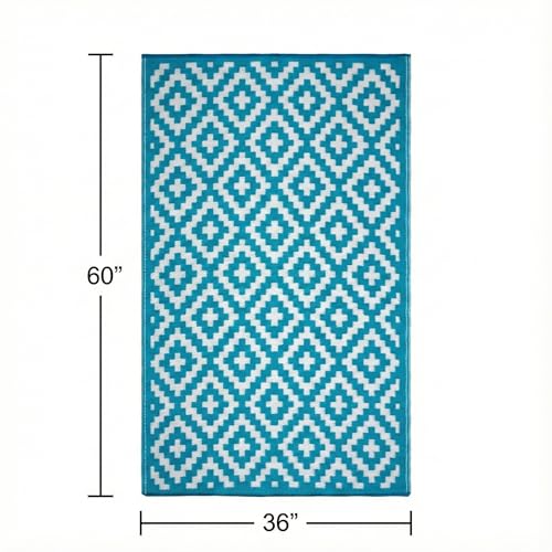 FH Home Outdoor Rug - Waterproof, Fade Resistant, Reversible - Premium Recycled Plastic - Geometric - Porch, Deck, Balcony, Mudroom, Laundry Room, Patio - Aztec - Teal & White Crease Free - 3 x 5 ft - color: Aztec - Teal & White, size: 3' x 5' (Rectangula