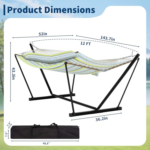 Garvee 2 Person Outdoor Hammock with Stand, Heavy Duty Portable Double Hammock with Balance Rope, MAX 450 LBS Capacity for Patio, Backyard, Garden, Beach - color: Light Blue and Green Stripes Design, size: Sheep Horn Bracket