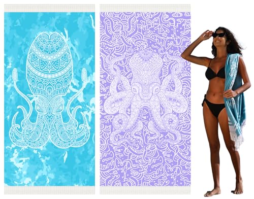 Widdonen Thin Turkish Beach Towel Lightweight Quick Dry Absorbent Cotton Bathroom Bath Pool Swim Towels Extra Large Oversized Sand Free Beach Accessories Essentials Cloud Gifts for Adult - color: 2 Pack Blue Purple Octopus, size: X-large(79 X 36 Inches,20