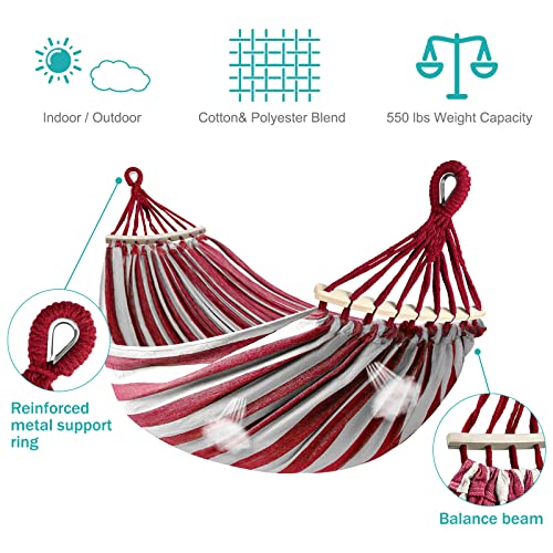 MOSFiATA Hammocks Portable Camping Hammock Upgraded 550lb Thickened Fabric Single Hammocks with Two Anti Roll Balance Beam and Tree Straps for Camping, Patio, Backyard, Outdoor(Red White) - color: Red White