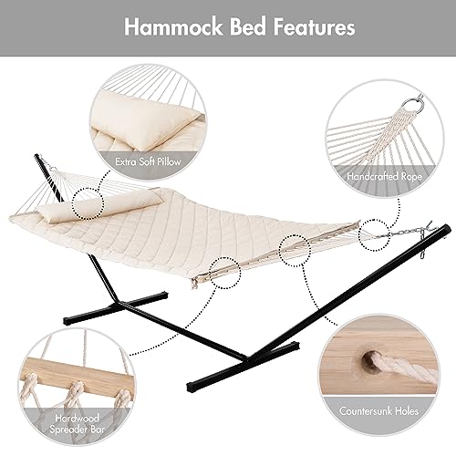 ANOW Heavy Duty Hammock with 12FT Steel Stand Included, Rope Hammock with Detachable Pillow and Pad, 450 LBS Weight Capacity, Cream - color: Cream, size: With Stand