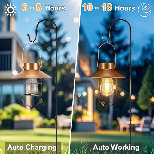 pearlstar 2 Pack Solar Lights Outdoor, Hanging Solar Lanterns with Edison Bulb and 2 x 32 Inch Shepherd Hooks, Waterproof Landscape Lighting for Garden Patio Yard Pathway Driveway Lawn (Copper) - style: Copper Lanterns