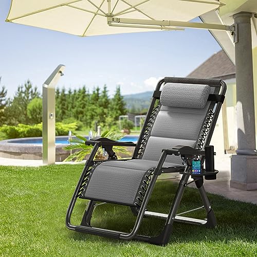 ABORON Zero Gravity Chair,Premium Outdoor Lawn Folding Lounge Chairs,Sturdy Adjustable Reclining Patio Chairs with Built in Cushion,Headrest & Tray - color: Ice Gray