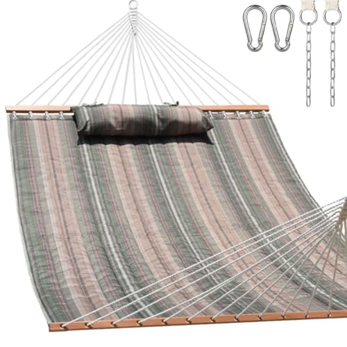 Lazy Daze 12 FT Quilted Fabric Double Hammock with Spreader Bars and Detachable Pillow, 2 Person Hammock for Outdoor Patio Backyard Poolside, 450 LBS Weight Capacity, Mixed Green & Brown Stripe - color: Green & Brown Stripe