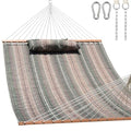 Lazy Daze 12 FT Quilted Fabric Double Hammock with Spreader Bars and Detachable Pillow, 2 Person Hammock for Outdoor Patio Backyard Poolside, 450 LBS Weight Capacity, Mixed Green & Brown Stripe - color: Green & Brown Stripe