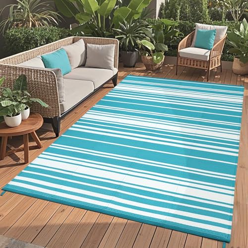 GarveeHome Modern Striped 9x12 Reversible Plastic Straw Outdoor Large Rug Geometric Lines Indoor Outdoor Rugs Stain Portable Outside Carpet for Camping Trailer Backyard Balcony Pool, Light Blue White - color: Geometric Stripes| Teal White, size: 9' x 12'