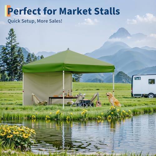 10x10 Pop Up Canopy with 3 Sidewalls - Easy Up Camping Tent with One Button Push Setup - 1 Roller Bag, 3 Adjustable Height, 4 Weight Bags for Deck, Garden, Sports, Beach, Party - Green - color: Green, size: 10x10