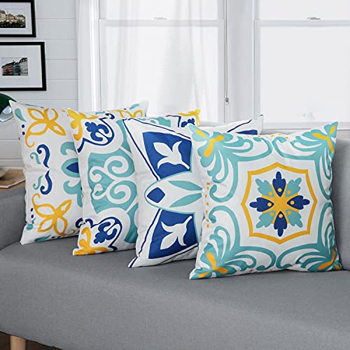 Pyonic Outdoor Waterproof Throw Pillow Covers Set of 4 Floral Printed and Boho Farmhouse Outdoor Pillow Covers for Patio Funiture Garden 20x20 Inch Blue - color: Blue, size: 20" x 20" (Pack of 4)