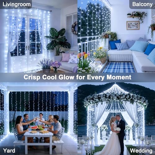 JMEXSUSS 300 LED 9.8x9.8Ft Curtain Lights Indoor with Remote, White Christmas Lights Plug in, 8 Modes White String Lights for Bedroom Wall Wedding Reception Dorm Party Backdrop Window Outdoor Decor - color: White, size: 300 LED