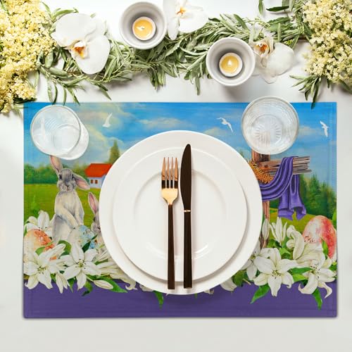 Easter Placemats Set of 4, 12x18 Inch Farmhouse Flowers Bunny Place Mat Heat Resistant Washable Rectangle Dining Table Mat Seasonal Holiday Outdoor Indoor Dinner Party Decoration - color: Easter Bunny Flowers