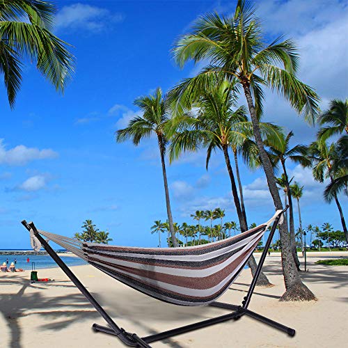 Double Hammock with Steel Stand, Adjustable Hammock Bed,Portable Outdoor Polyester Hammocks Set,2-Person Heavy-Duty Hammocks for Camping Garden Backyard Patio,250lbs Capacity (Coffee Stripe) - color: Coffee Stripe