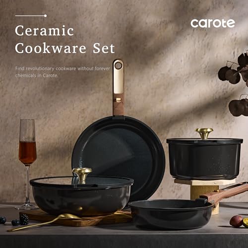 CAROTE 15Pcs Ceramic Cookware Set, Pots and Pans Set Non stick, Kitchen Cooking Set with Detachable Handle, Non Toxic Induction Cookware, Dishwasher/Oven Safe, PFAS Free, Black&Gold - color: Black